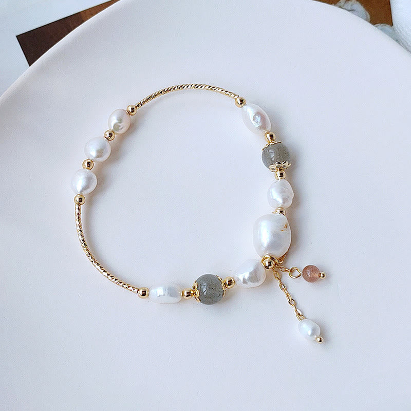 Pearl Moonstone Optimism Bracelet with Strawberry Quartz Beads