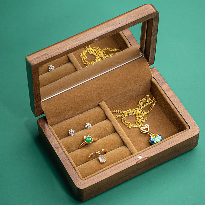 Black Walnut Wood Jewelry Storage Box with Mirror | Zen Decor