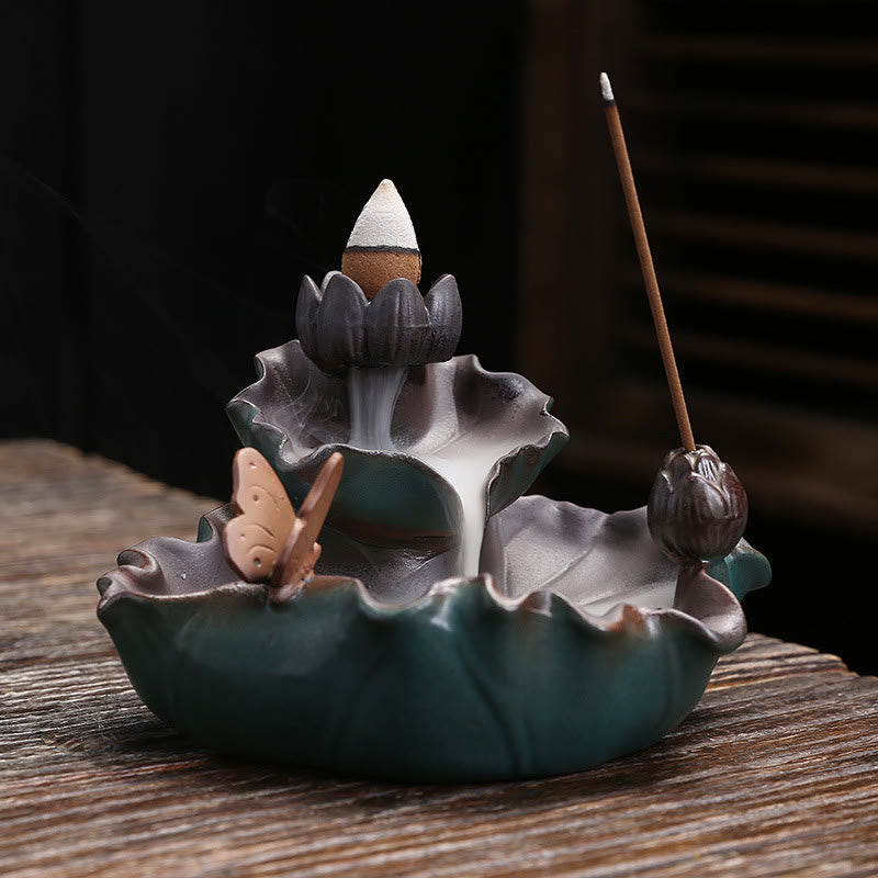Ceramic Incense Burner Lotus Flower Frog Butterfly Decor