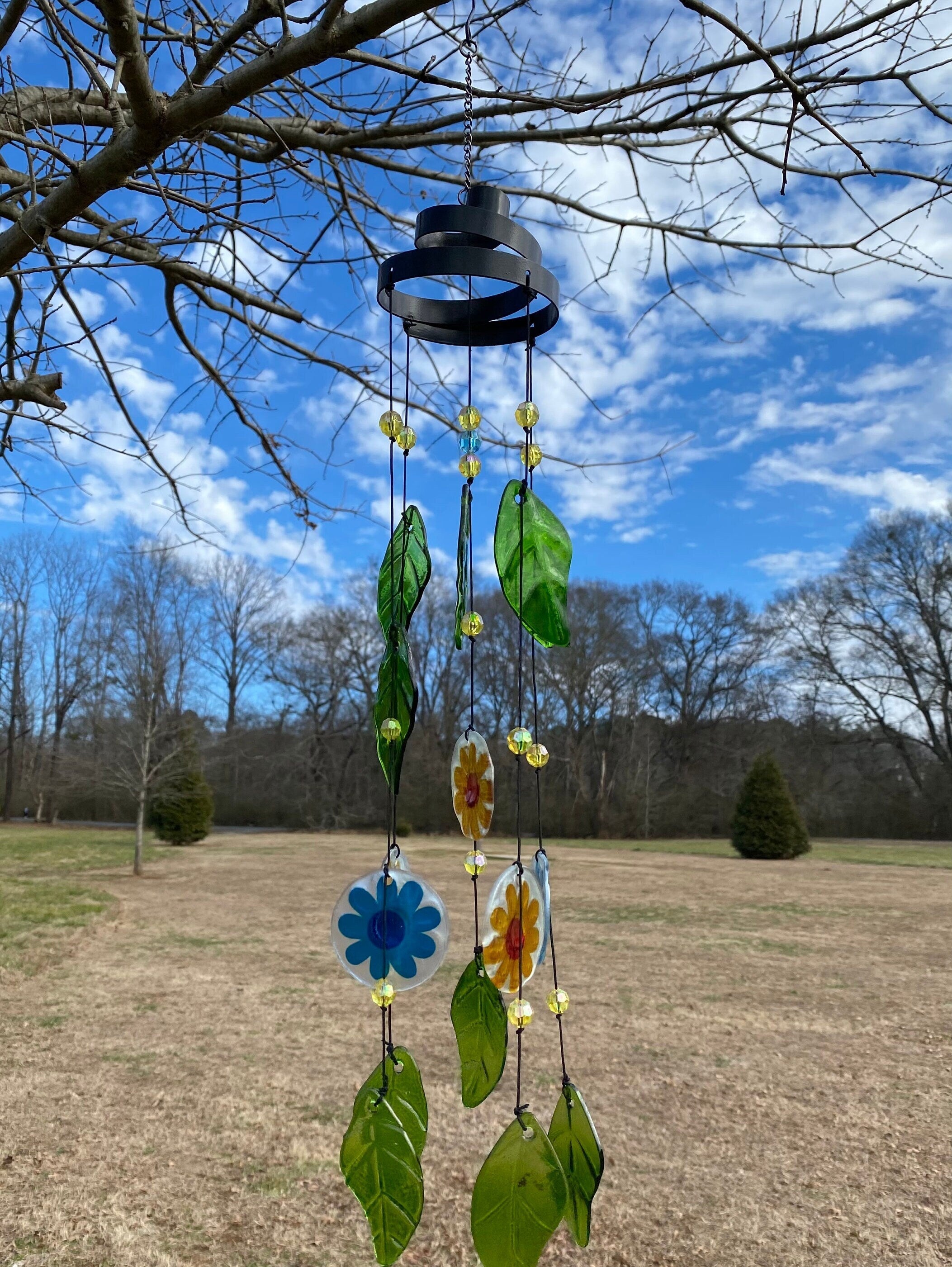 Colorful 26’’ Handmade Glass Wind Chime featuring flowers, leaves, and beads for garden peace