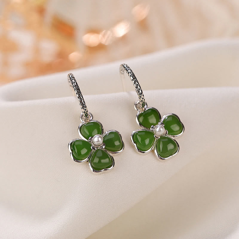 925 Sterling Silver Cyan Jade Four Leaf Clover Luck Earrings