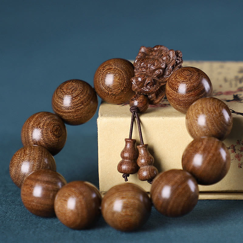 Dragon Carved Protection Bracelet in Rosewood & Sandalwood 20mm Beads