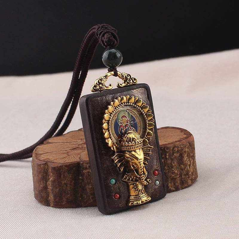 Ebony Wood Elephant Necklace with God of Fortune Pendant