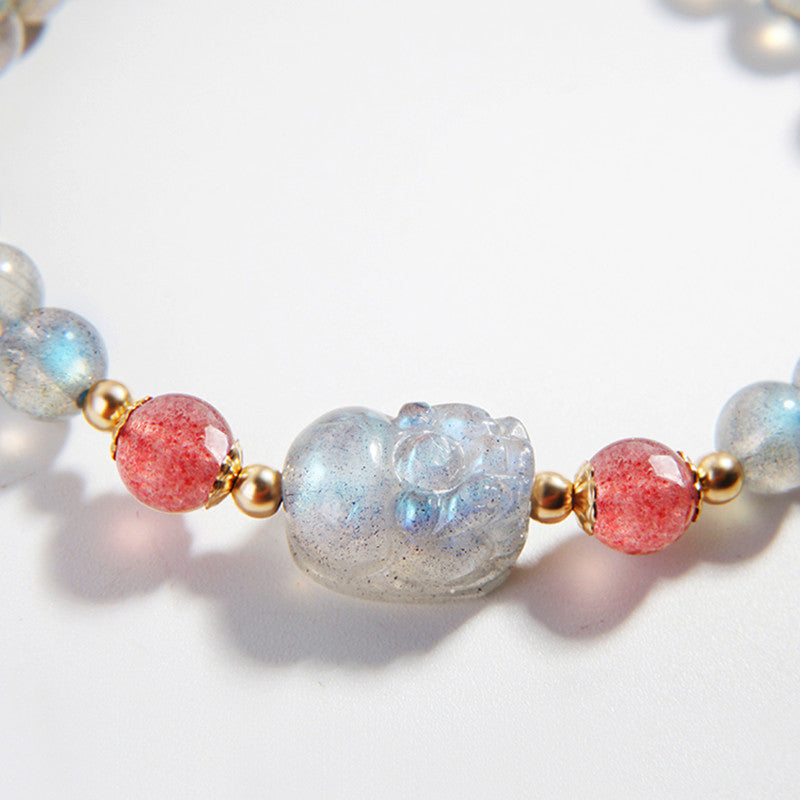 Moonstone Strawberry Quartz Pixiu Bracelet for Wealth & Love