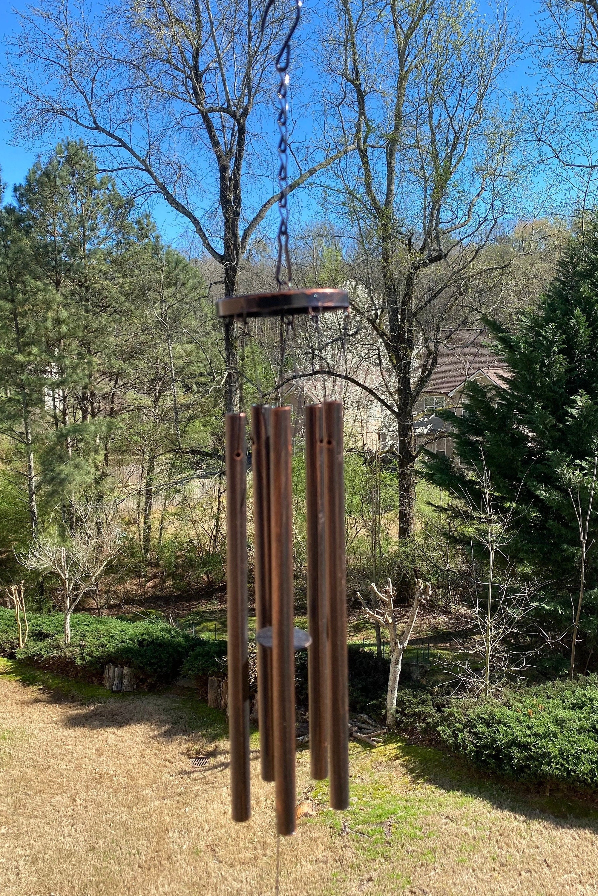 27-inch Bronze Wind Chime with Green Glass Sail and metallic tubes from wooden top
