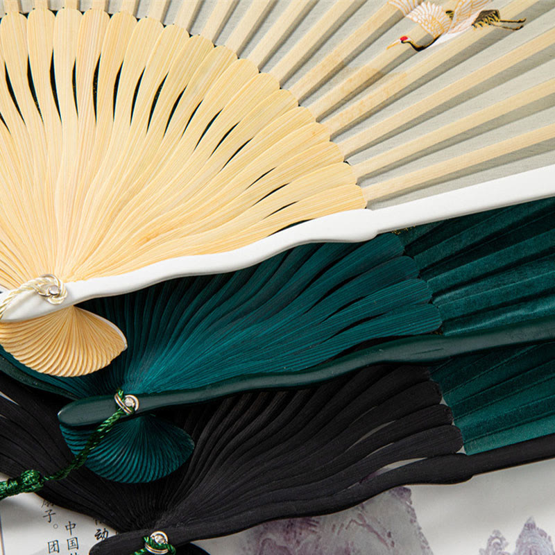 22cm Chinese Folding Silk Bamboo Fan with White Crane Design