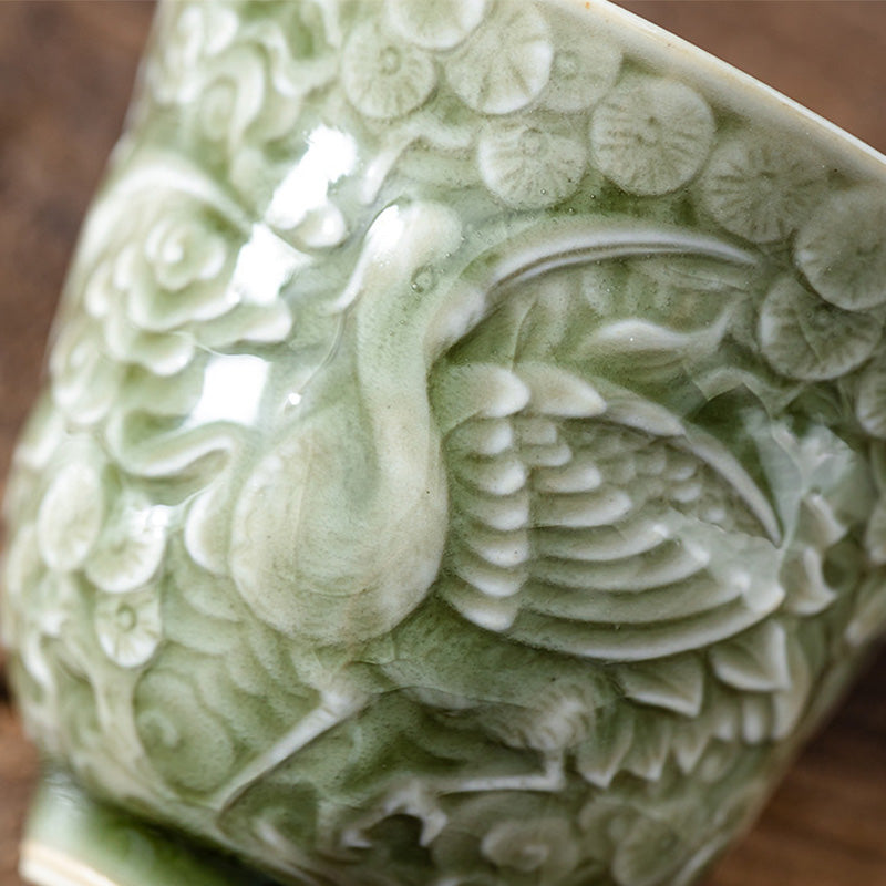 Ceramic Crane Pine Teacup 80ml | Zen Decor Cup