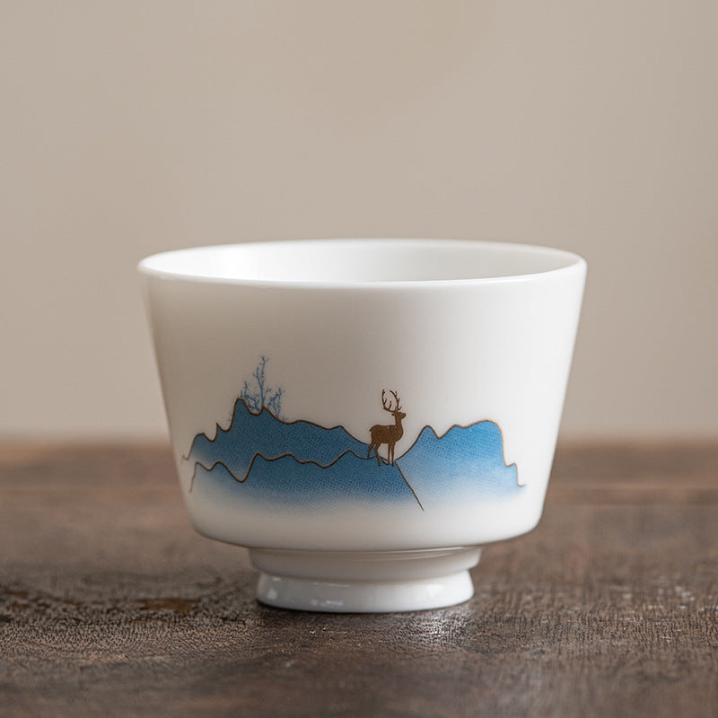 Zen Ceramic Teacup with Lotus Flower and Mountain Design 100ml
