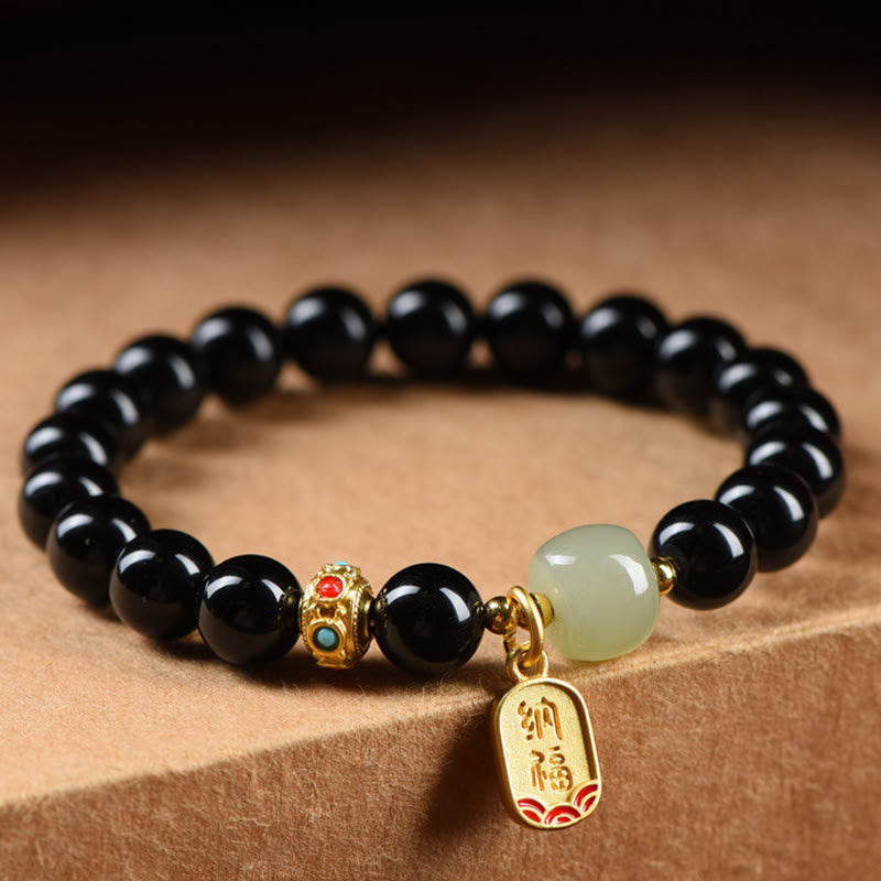 Black Onyx & Hetian Jade Lucky Fortune 8mm Bracelet