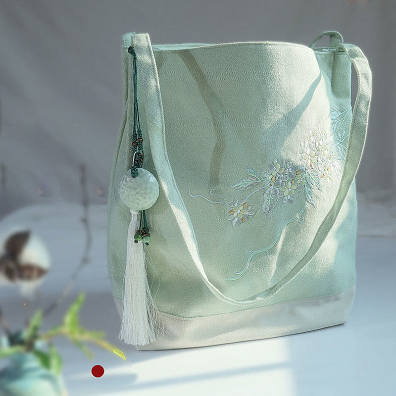 Canvas Tote Bag with Flower Crane & Plum Blossom Embroidery