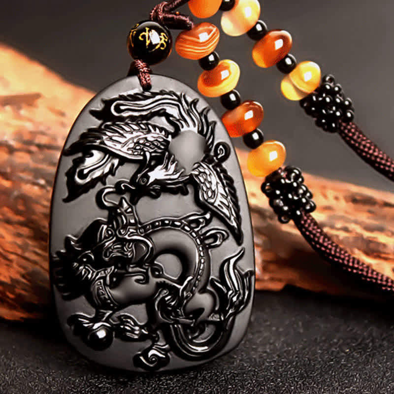 Black Obsidian Dragon Necklace with Tiger Eye Pendant for Protection
