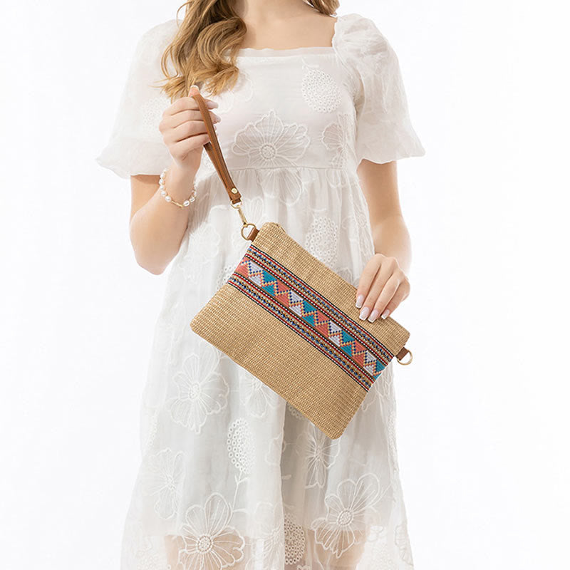 Colorful Geometry Boho Straw Woven Crossbody Bag 28cm