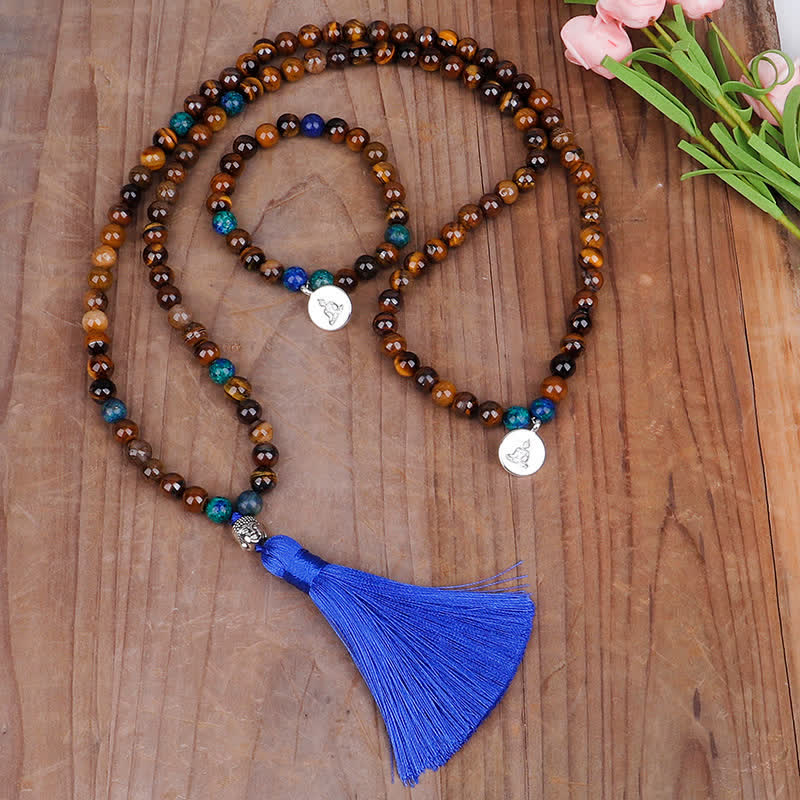 108-Beads Tiger Eye Strength Bracelet with Buddha Tassel