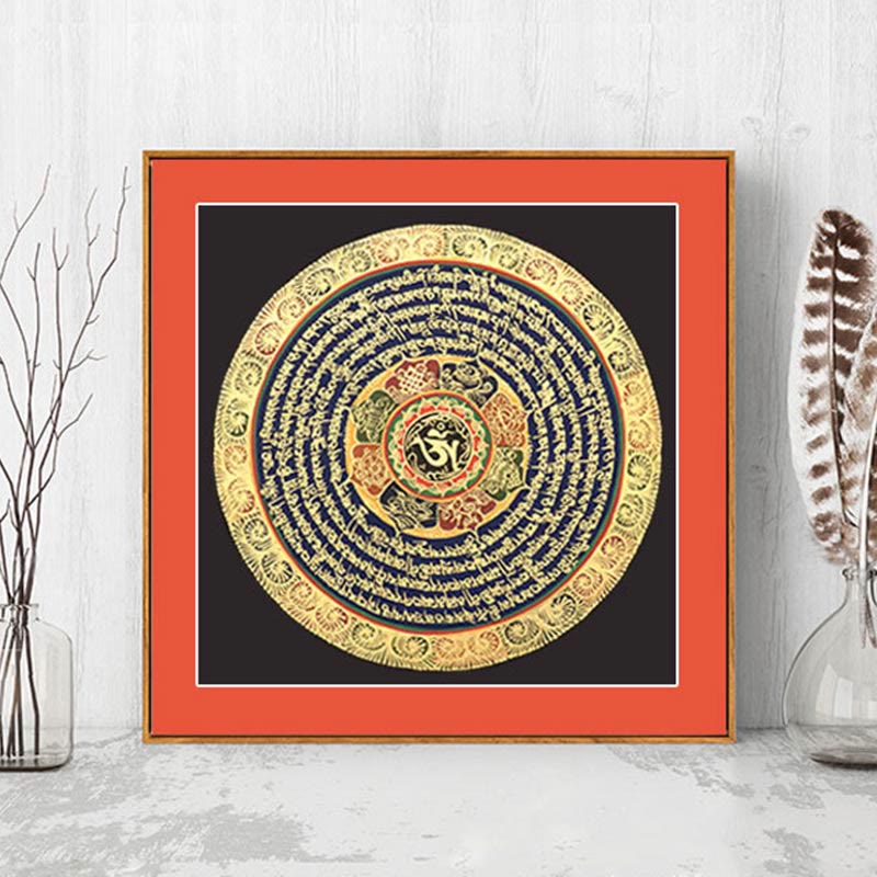 27cm Tibetan Thangka Painting with Six True Words Scripture | Meditation Decor