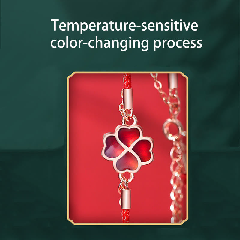 Color-changing Four Leaf Clover Red String Bracelet in 925 Silver for Luck