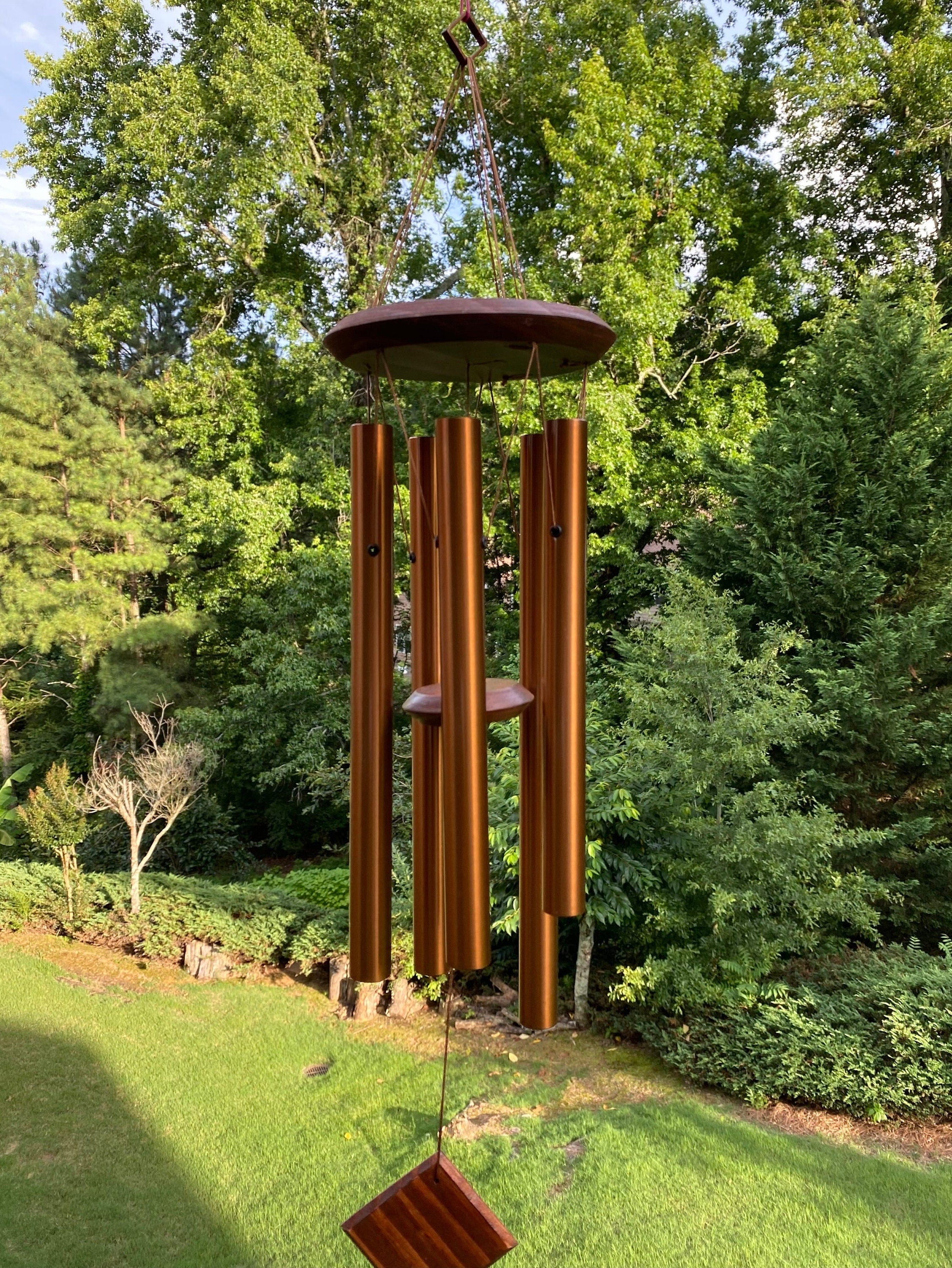 Copper wind chimes with multiple tubes and circular top in 28 inch Golden Metal design