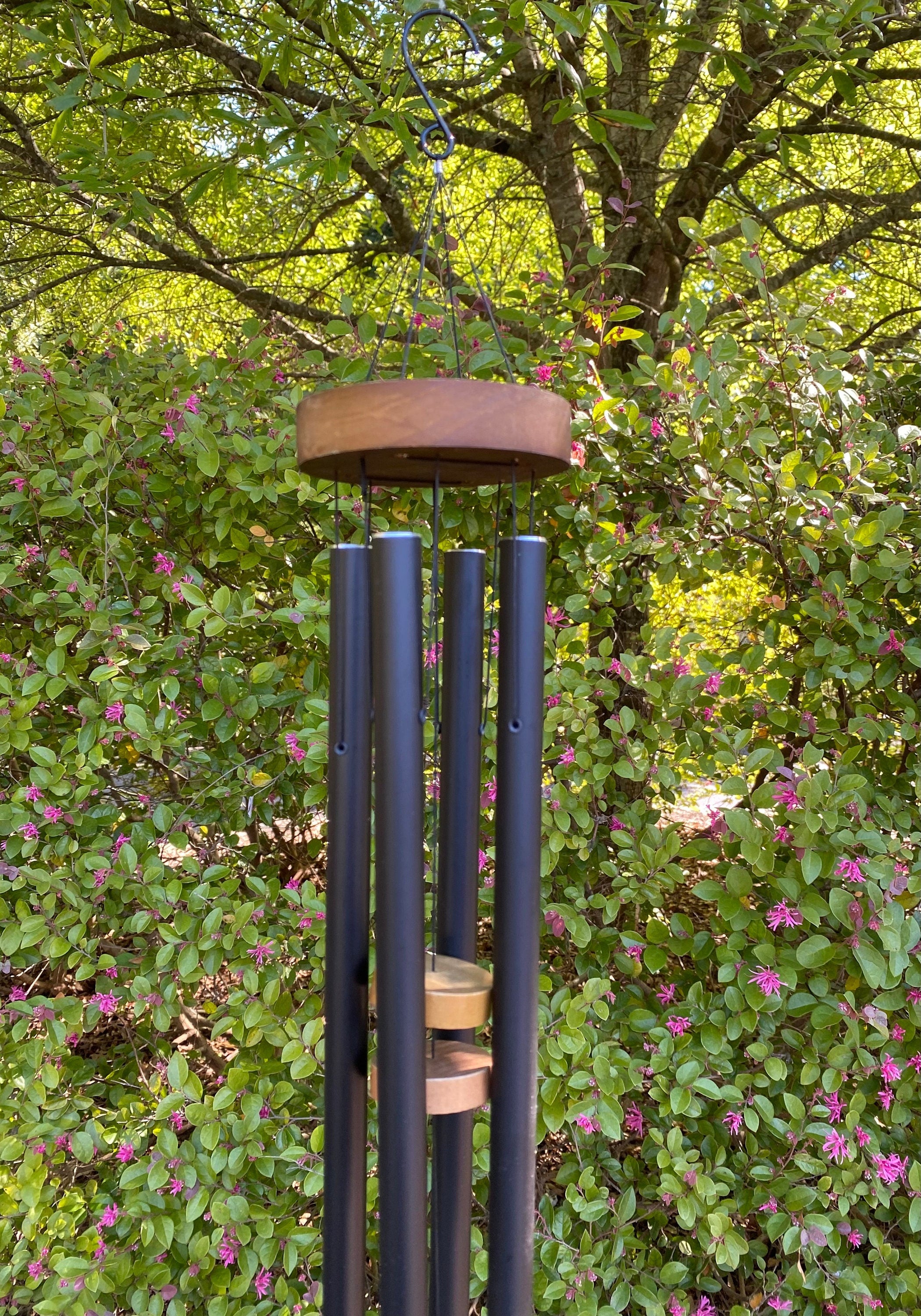 Wind chimes with dark blue tubes and copper top disc in personalized gift design