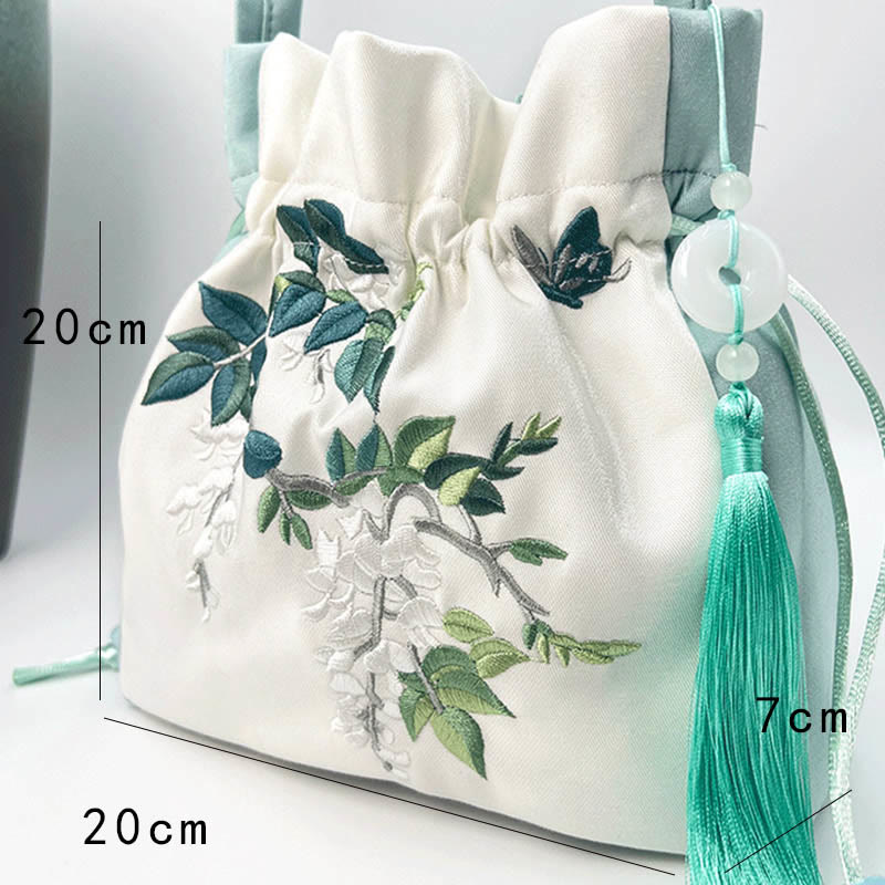 Embroidered Cotton Linen Tote Bag With Wisteria Flowers