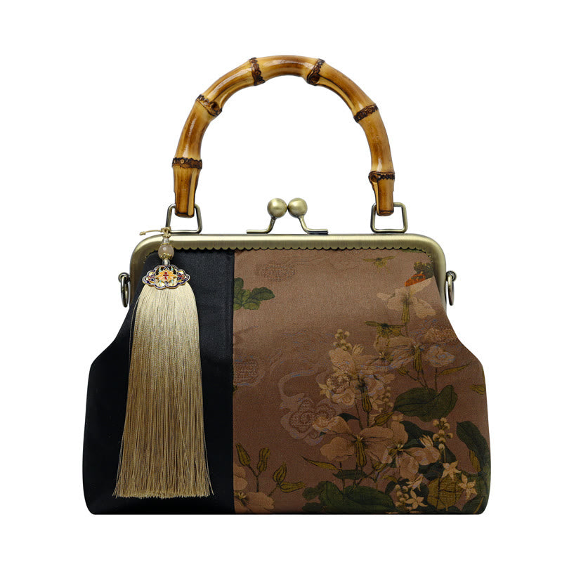 Nature-Inspired Bamboo Handle Bag with Leaves and Bird Design