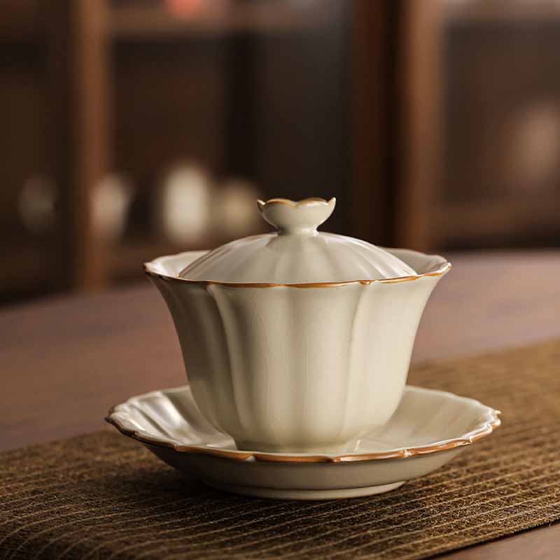 Beige Ceramic Gaiwan with Plum Blossom Design 120ml Tea Set