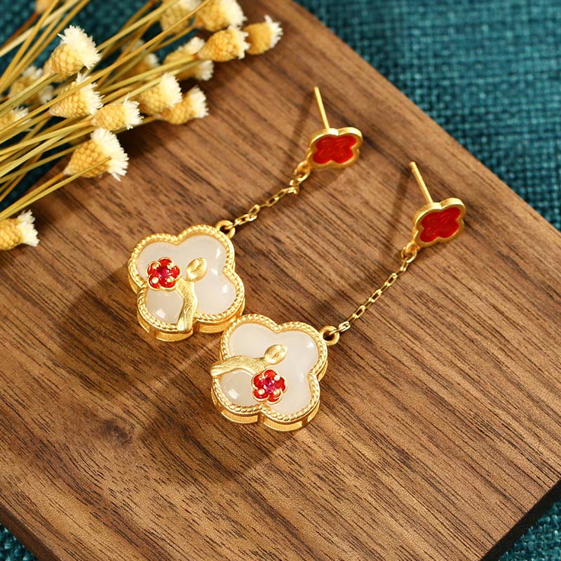 24K Gold Plated White Jade Luck Pendant Necklace & Earrings