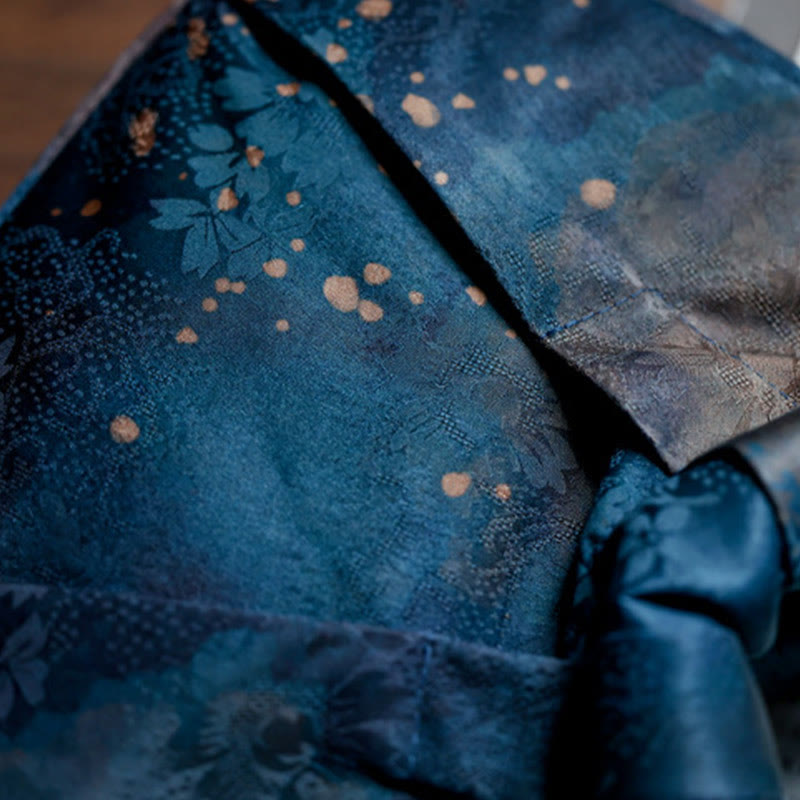 Blue Handmade Jacquard Flower Wooden Handle Bag 23cm