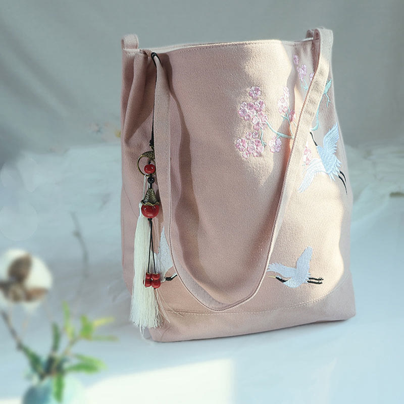 Canvas Tote Bag with Flower Crane & Plum Blossom Embroidery