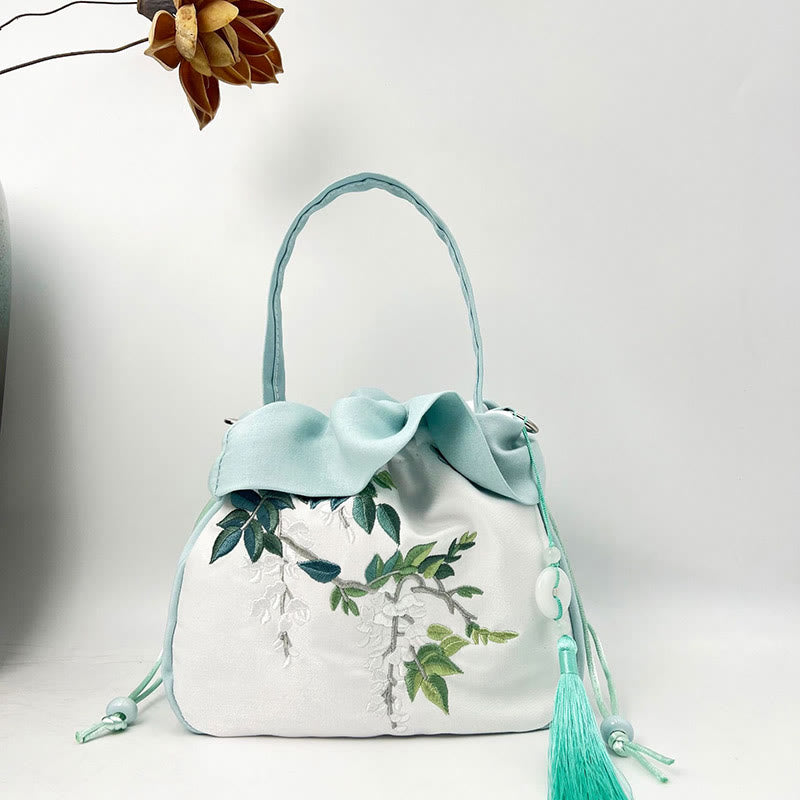 Silk Tote Bag | Embroidered Floral Yoga Carrier 20cm