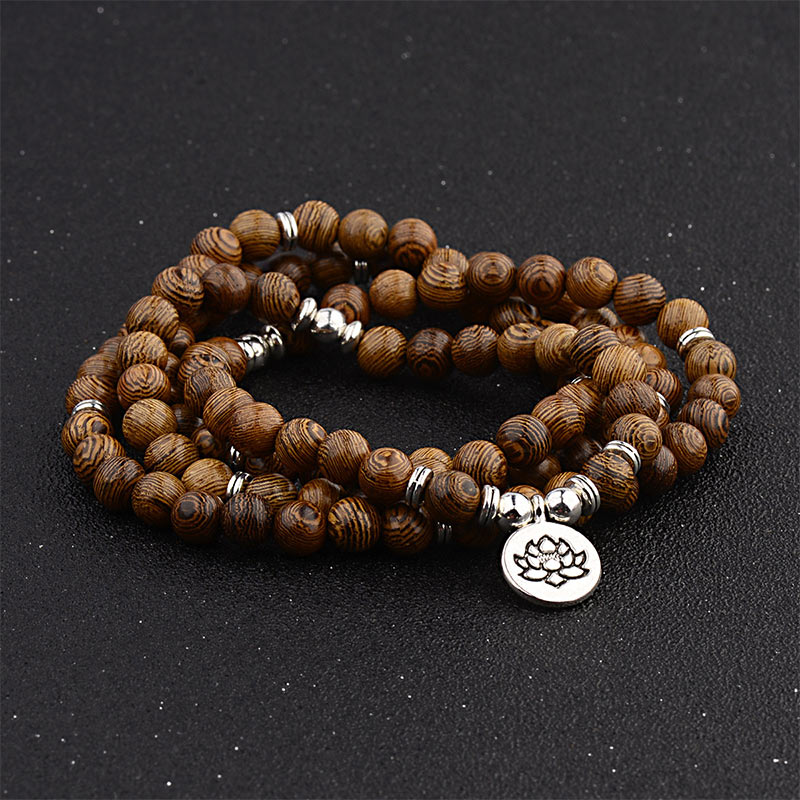 Handmade Lightning Strike Wood Wood Mala Bracelet with Lotus Buddha Symbol