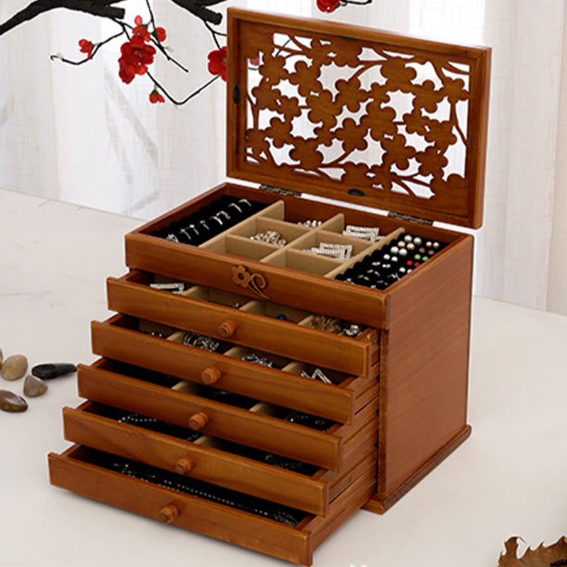 Six-Layer Wooden Jewelry Box with Vintage Plum Blossom Carvings