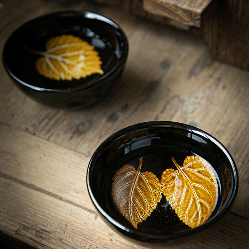 Gold Maple Leaf Jian Zhan Tenmoku Ceramic Teacup 120ml