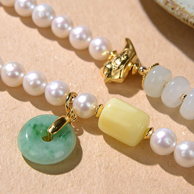 Quadruple Wrap Jade Bracelet with Pearl, Red Agate & Amber for Luck