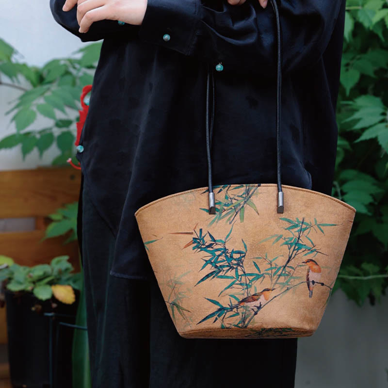 Vintage Bamboo Magpie Large Capacity Shoulder Bag with Peony Butterfly