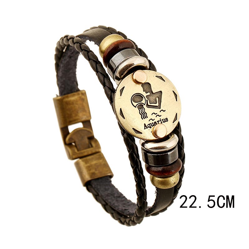 12 Constellations Zodiac Hematite Leather Charm Bracelet