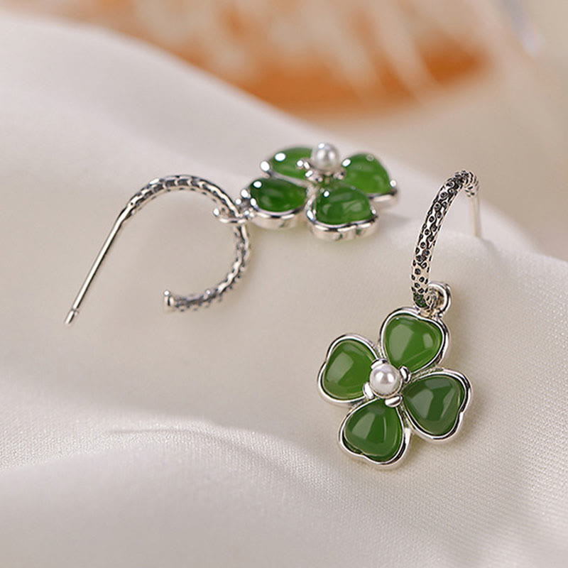 925 Sterling Silver Cyan Jade Four Leaf Clover Luck Earrings