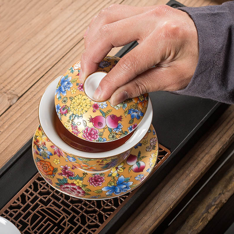 Peony Ceramic Gaiwan Sancai Teacup 9.5cm Meditation