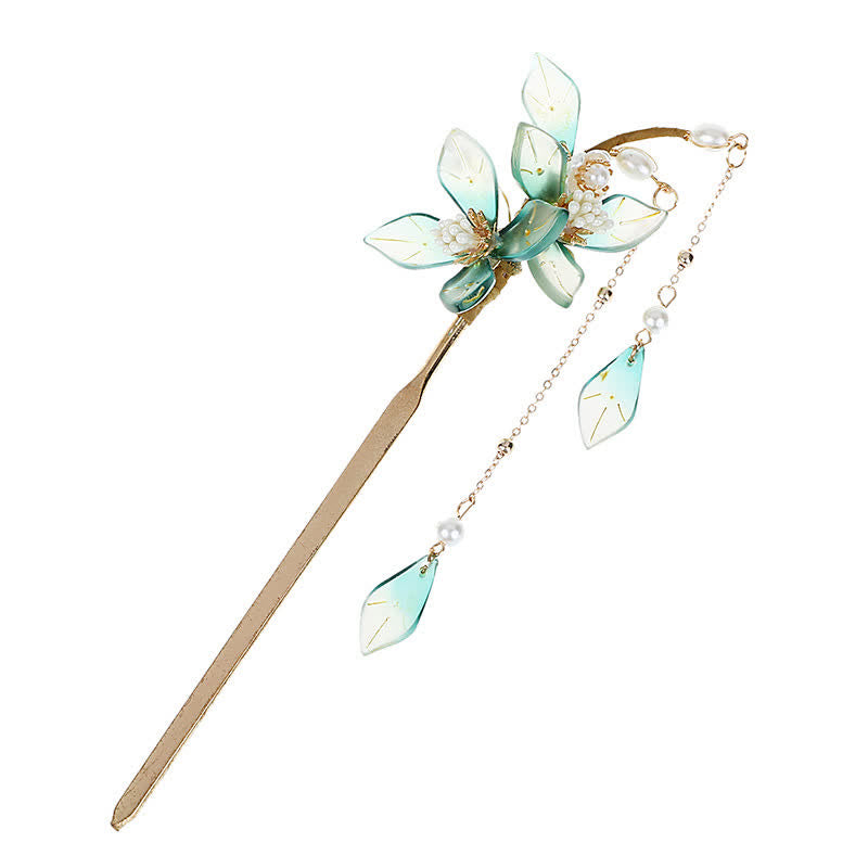 Pearl Flower Leaf Tassel Hairpin for Calm & Wealth