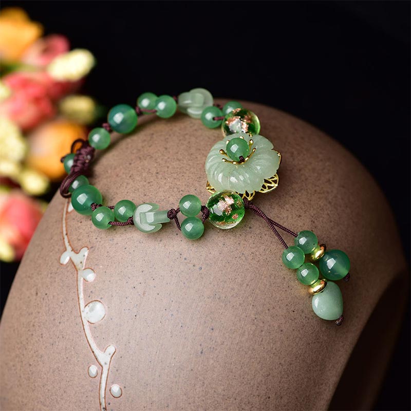 Unisex Green Jade Luck Flower Charm Bracelet 6-10mm Beads
