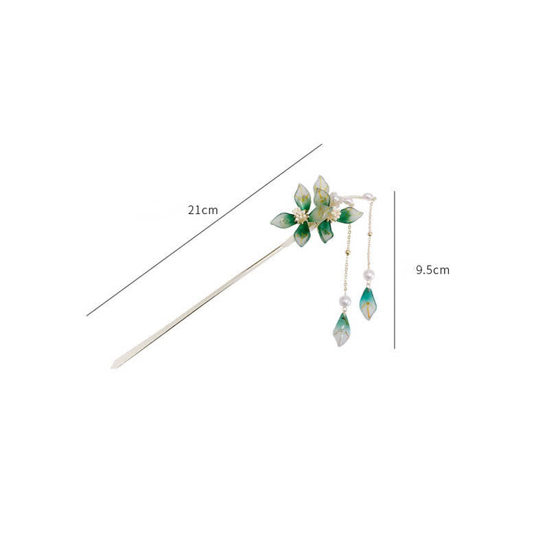 Pearl Flower Leaf Tassel Hairpin for Calm & Wealth
