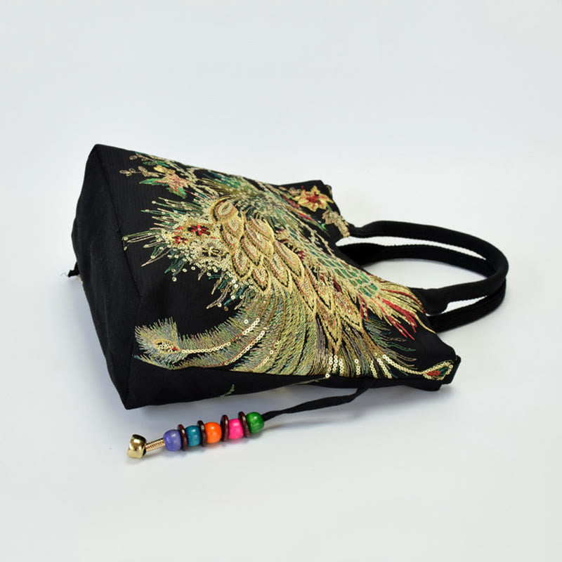 Peacock Embroidered Tote Bag | Canvas Shoulder Crossbody
