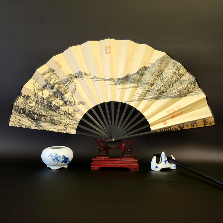 33.5cm Chinese Bamboo Folding Fan with Great Wall Pattern