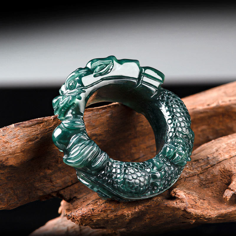 Cyan Jade Dragon Carved Success Ring 21-22mm