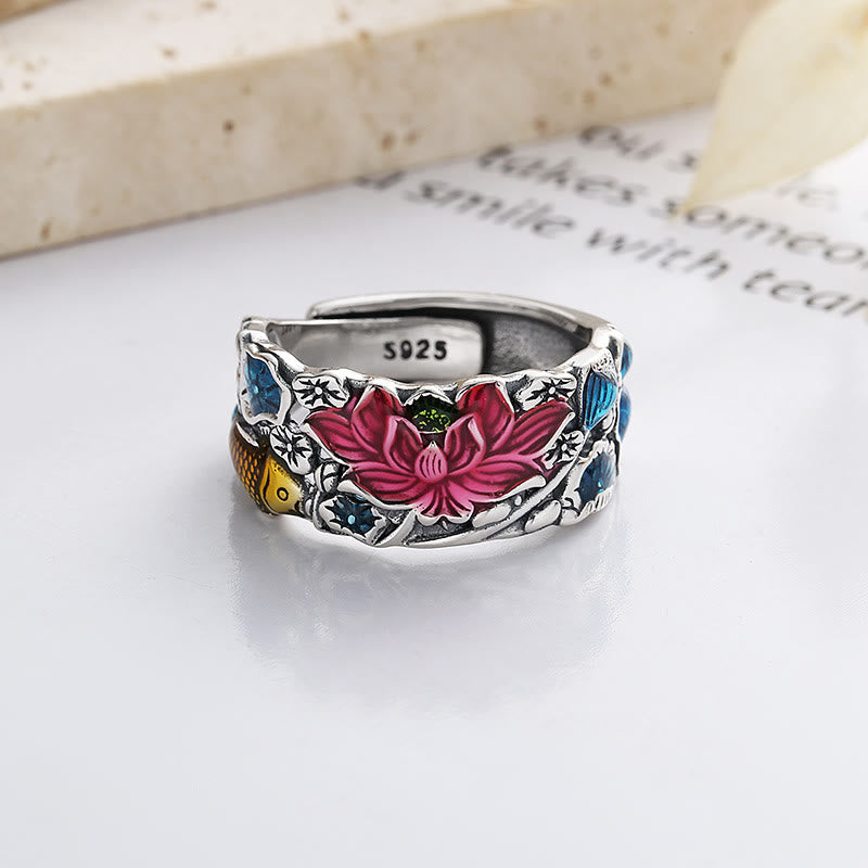 Adjustable Sterling Silver Koi Fish Lotus Prosperity Ring