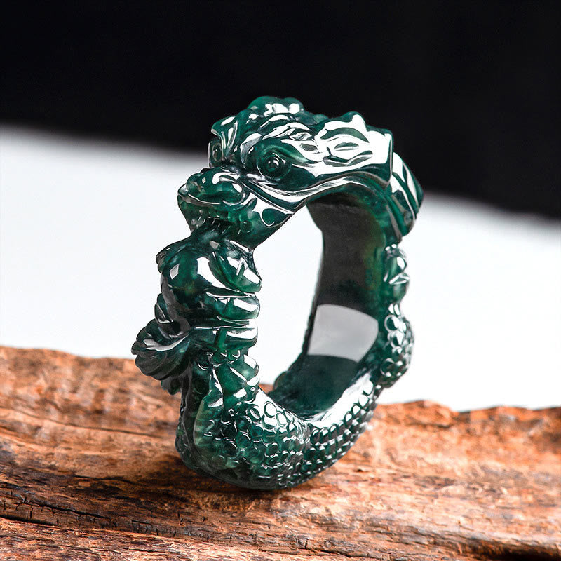 Cyan Jade Dragon Carved Success Ring 21-22mm