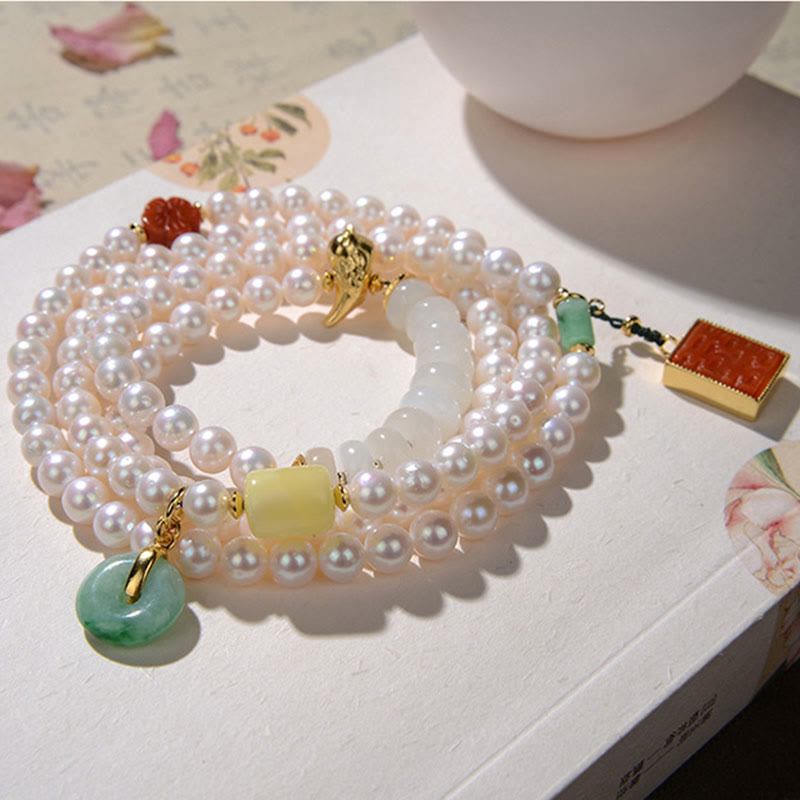 Quadruple Wrap Jade Bracelet with Pearl, Red Agate & Amber for Luck