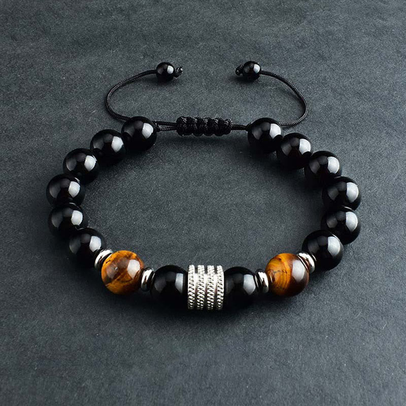 Obsidian Bracelet 10mm with Tiger Eye for Strength & Balance