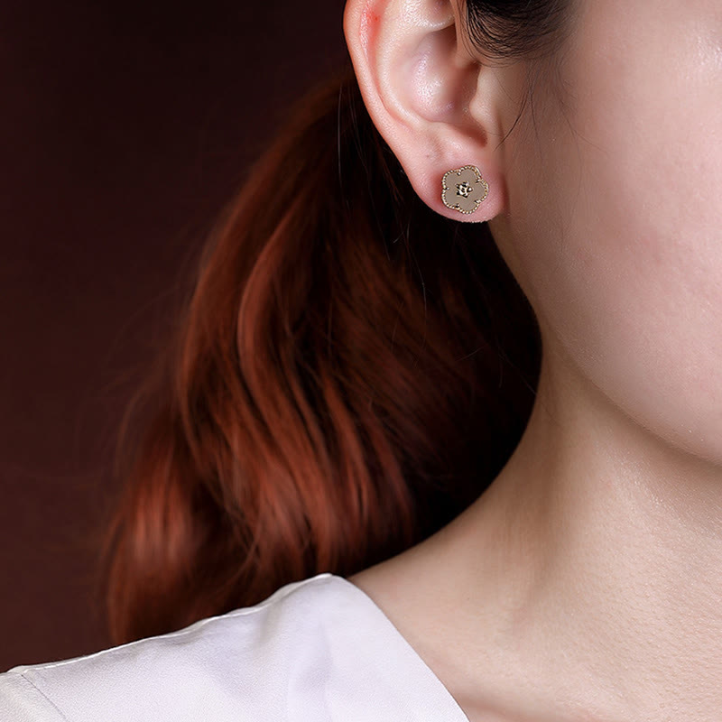 Sterling Silver Hetian Jade Plum Flower Luck Stud Earrings