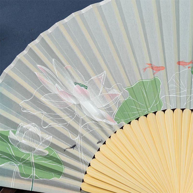 21cm Chinese Folding Fan with Lotus Begonia Jasmine Motifs in Bamboo Frame