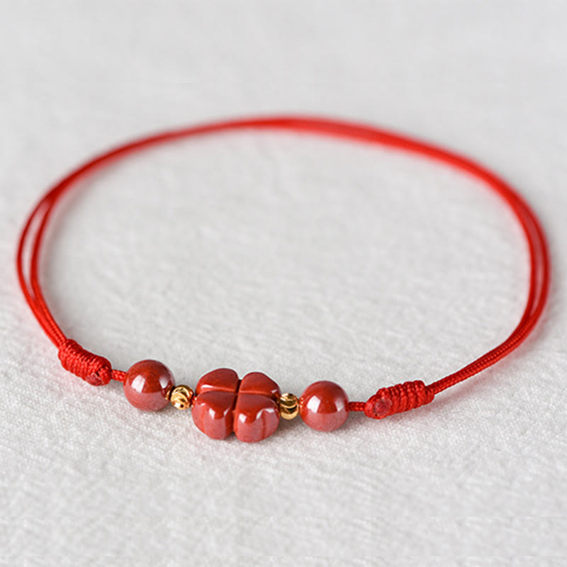 Cinnabar String Bracelet with Four Leaf Clover for Calm & Blessing