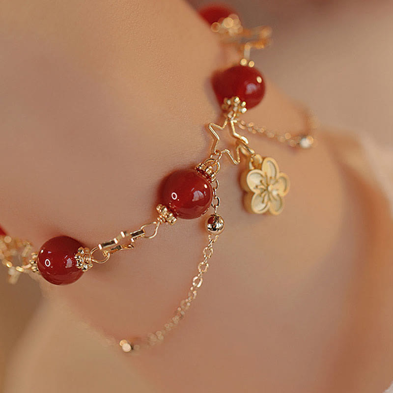 8mm Red Agate Calm Bracelet with Star Flower Charm